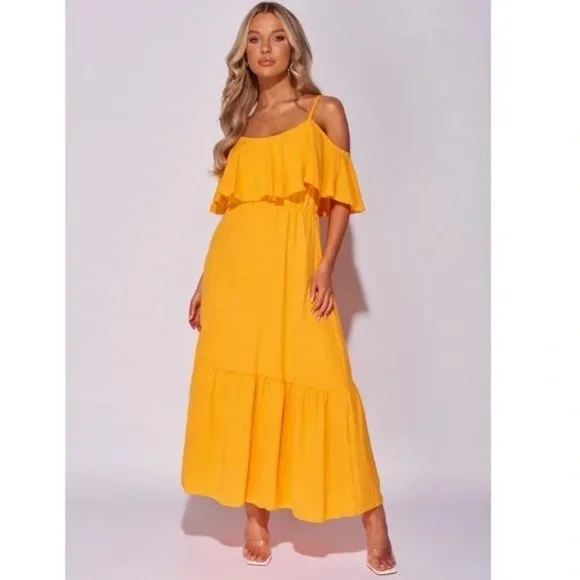 Dresses | Orange Cold Shoulder Short Sleeve Tiered Long Flowy Maxi Dress |  Poshmark